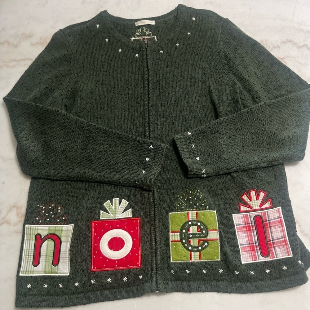 2008 C. J. Banks Hand Embroidered NOEL Christmas Sweater Green No Size Listed L